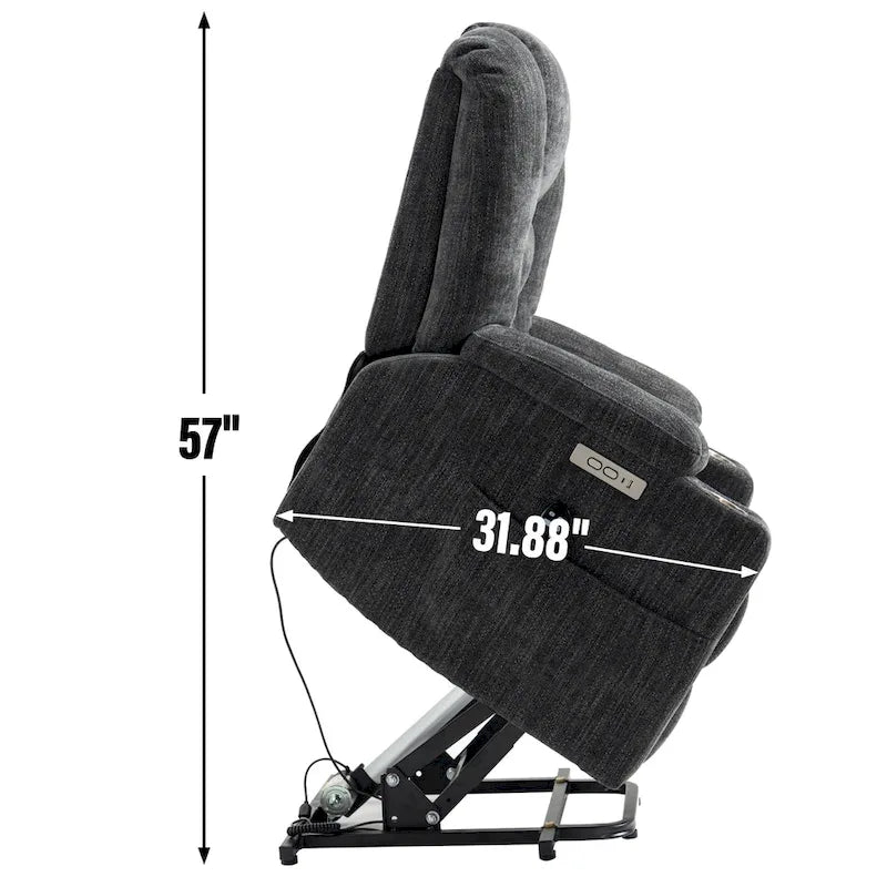 Fauteuil inclinable électrique gris spacieux avec massage, chauffage, deux ports USB, chargement de type C et porte-gobelets