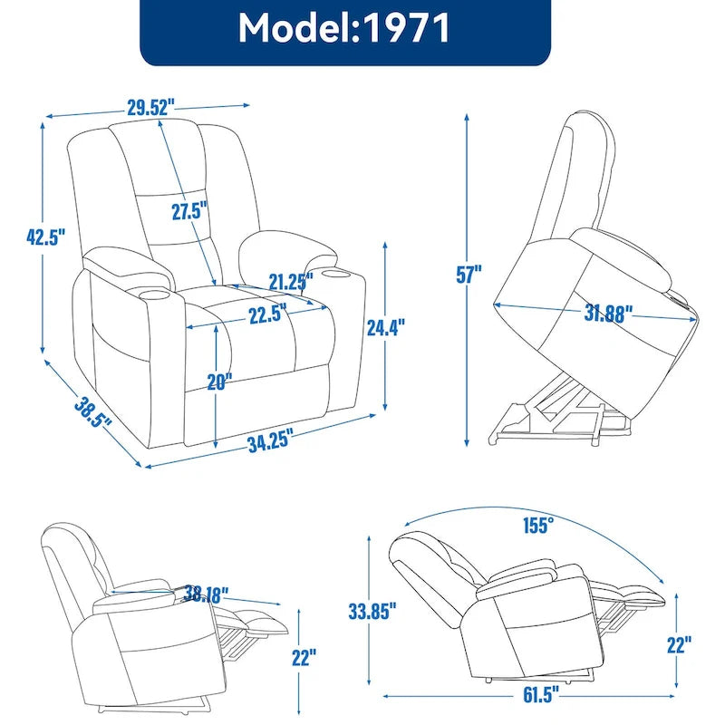 Fauteuil inclinable électrique gris spacieux avec massage, chauffage, deux ports USB, chargement de type C et porte-gobelets