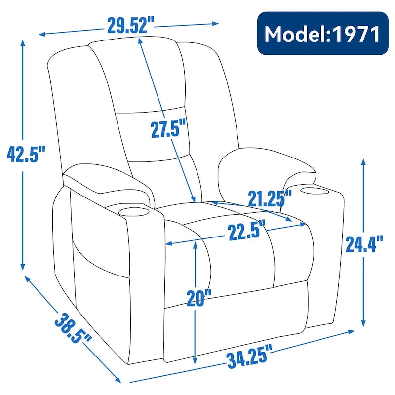 Fauteuil inclinable électrique gris spacieux avec massage, chauffage, deux ports USB, chargement de type C et porte-gobelets