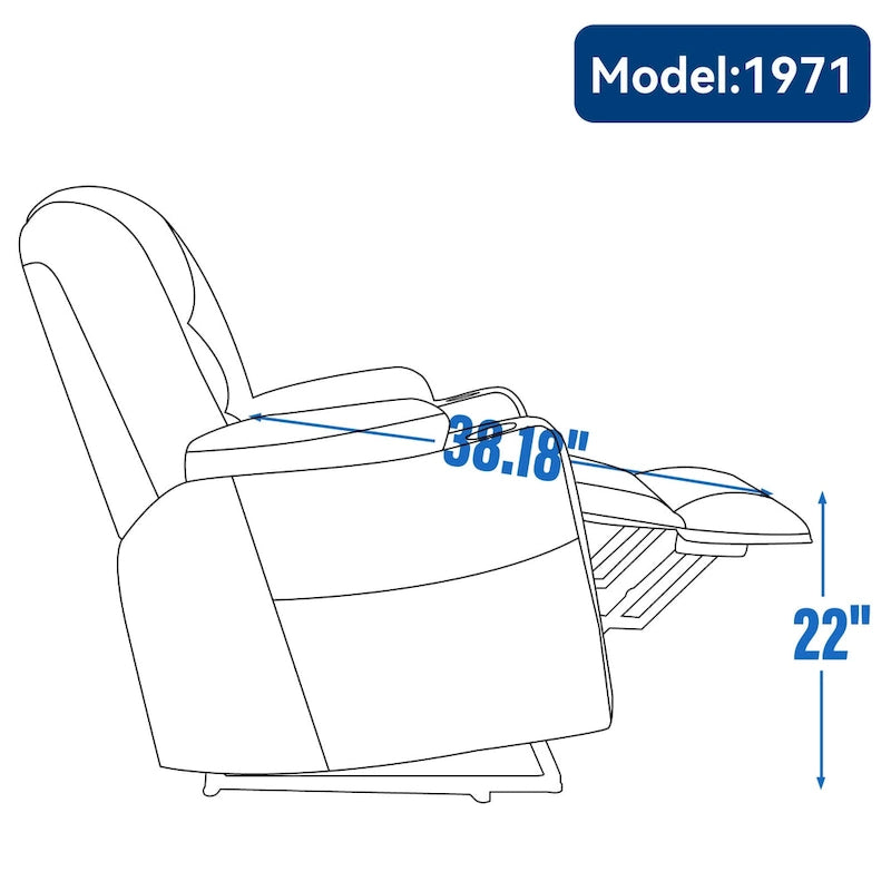 Fauteuil inclinable électrique gris spacieux avec massage, chauffage, deux ports USB, chargement de type C et porte-gobelets