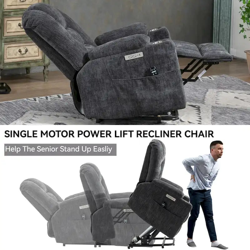 Fauteuil inclinable électrique gris spacieux avec massage, chauffage, deux ports USB, chargement de type C et porte-gobelets