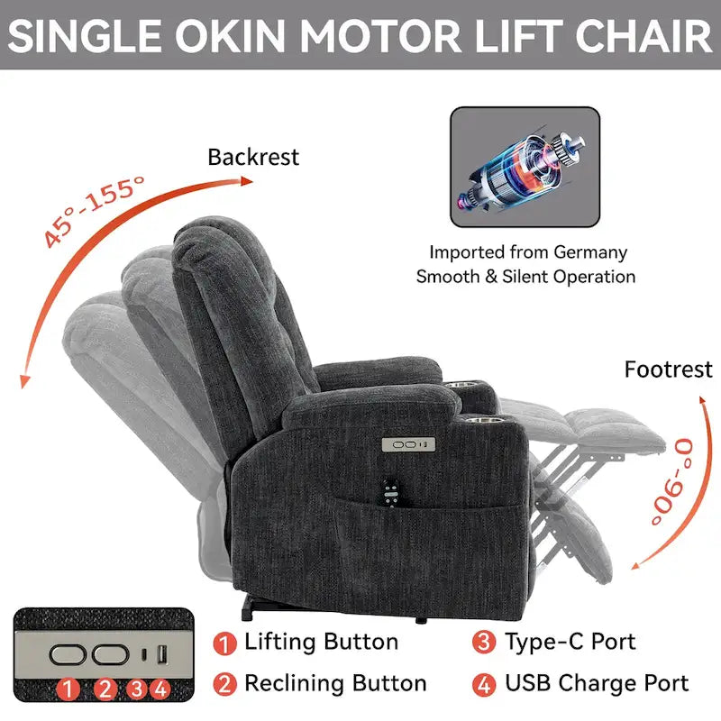 Fauteuil inclinable électrique gris spacieux avec massage, chauffage, deux ports USB, chargement de type C et porte-gobelets