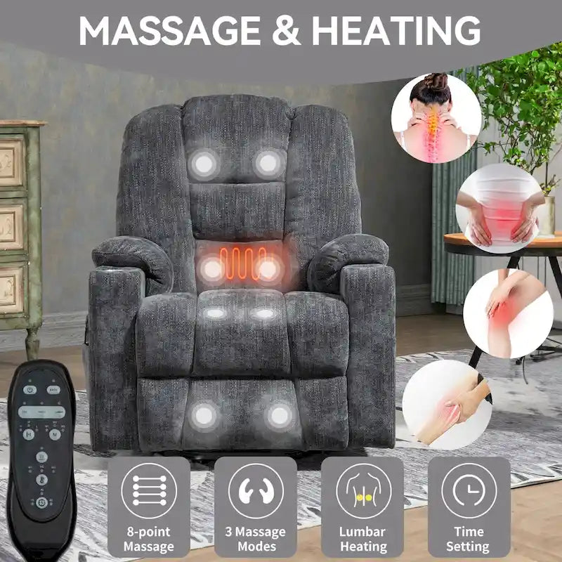 Fauteuil inclinable électrique gris spacieux avec massage, chauffage, deux ports USB, chargement de type C et porte-gobelets