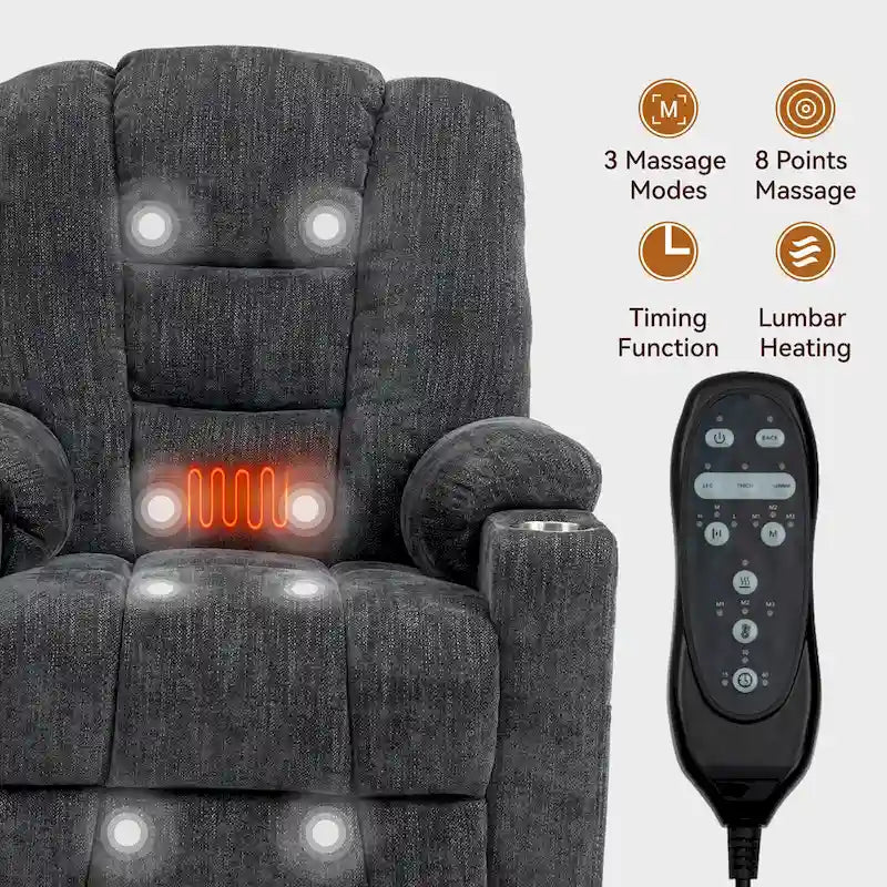 Fauteuil inclinable électrique gris spacieux avec massage, chauffage, deux ports USB, chargement de type C et porte-gobelets
