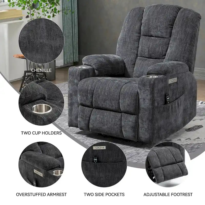 Fauteuil inclinable électrique gris spacieux avec massage, chauffage, deux ports USB, chargement de type C et porte-gobelets