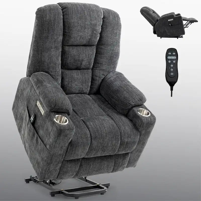 Fauteuil inclinable électrique gris spacieux avec massage, chauffage, deux ports USB, chargement de type C et porte-gobelets