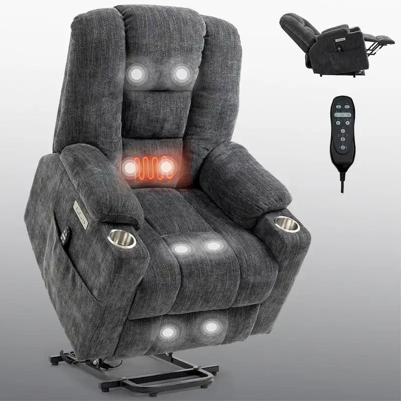 Fauteuil inclinable électrique gris spacieux avec massage, chauffage, deux ports USB, chargement de type C et porte-gobelets