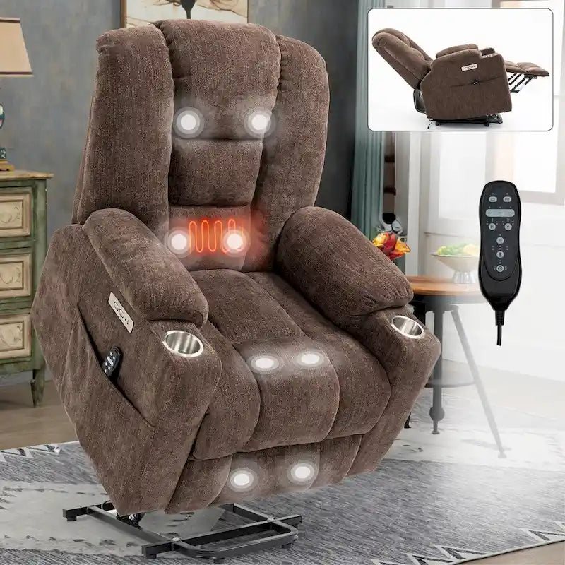 Fauteuil inclinable électrique gris spacieux avec massage, chauffage, deux ports USB, chargement de type C et porte-gobelets