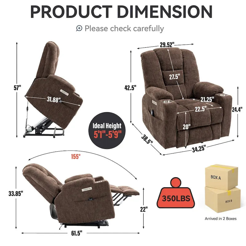 Fauteuil inclinable électrique gris spacieux avec massage, chauffage, deux ports USB, chargement de type C et porte-gobelets