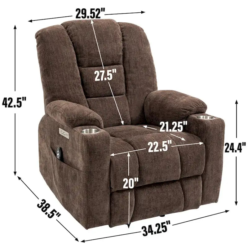 Fauteuil inclinable électrique gris spacieux avec massage, chauffage, deux ports USB, chargement de type C et porte-gobelets