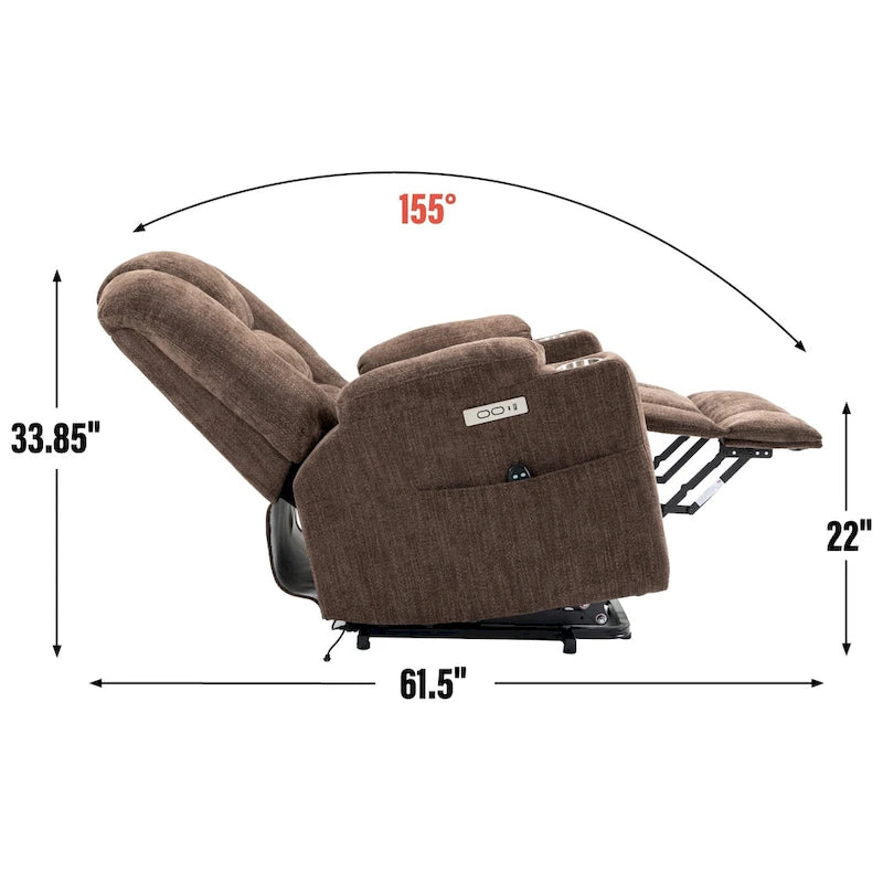 Fauteuil inclinable électrique gris spacieux avec massage, chauffage, deux ports USB, chargement de type C et porte-gobelets