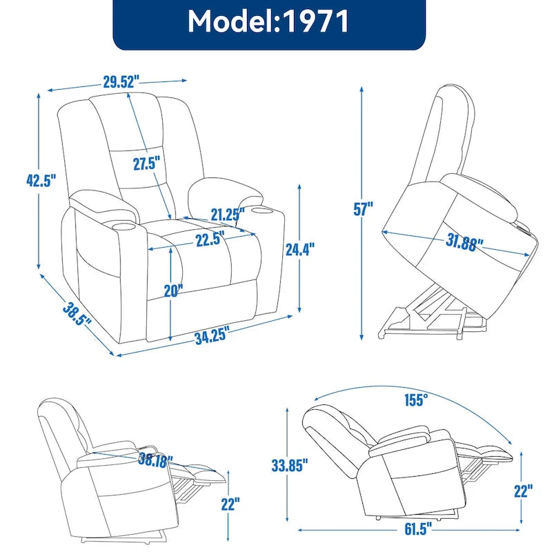 Fauteuil inclinable électrique gris spacieux avec massage, chauffage, deux ports USB, chargement de type C et porte-gobelets