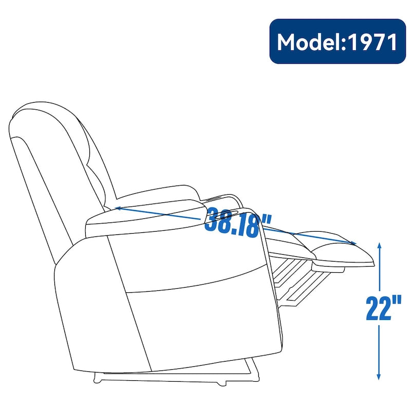 Fauteuil inclinable électrique gris spacieux avec massage, chauffage, deux ports USB, chargement de type C et porte-gobelets