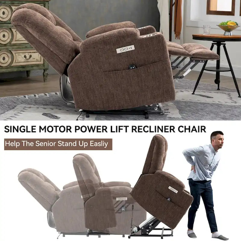 Fauteuil inclinable électrique gris spacieux avec massage, chauffage, deux ports USB, chargement de type C et porte-gobelets