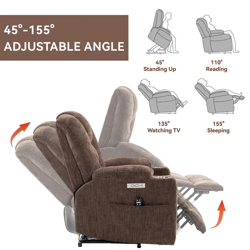 Fauteuil inclinable électrique gris spacieux avec massage, chauffage, deux ports USB, chargement de type C et porte-gobelets