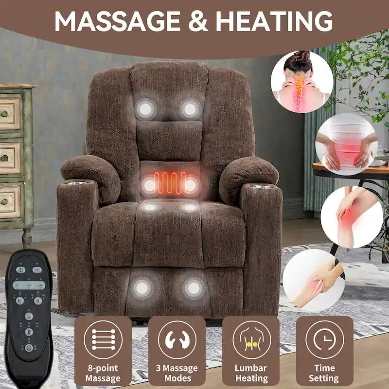 Fauteuil inclinable électrique gris spacieux avec massage, chauffage, deux ports USB, chargement de type C et porte-gobelets