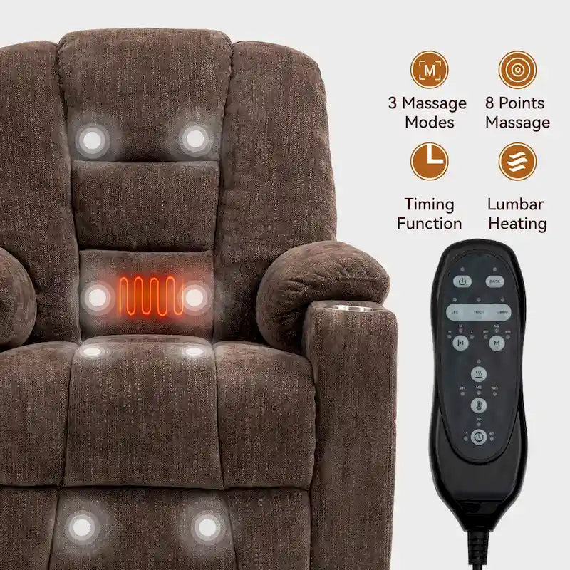 Fauteuil inclinable électrique gris spacieux avec massage, chauffage, deux ports USB, chargement de type C et porte-gobelets