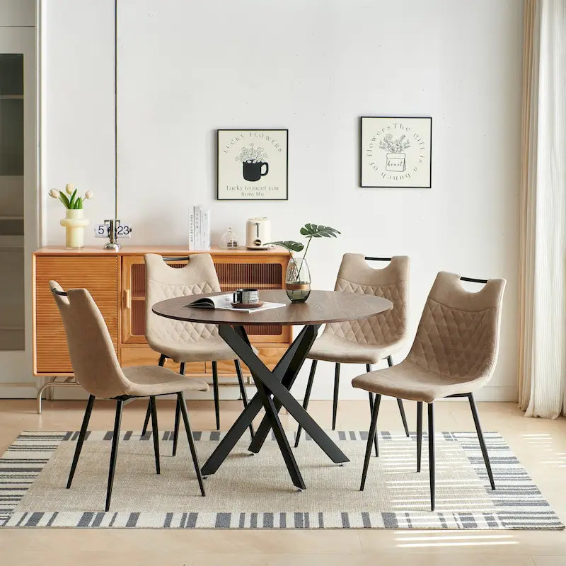Ensemble de salle à manger moderne 5 pièces avec table ronde et 4 chaises quadrillées