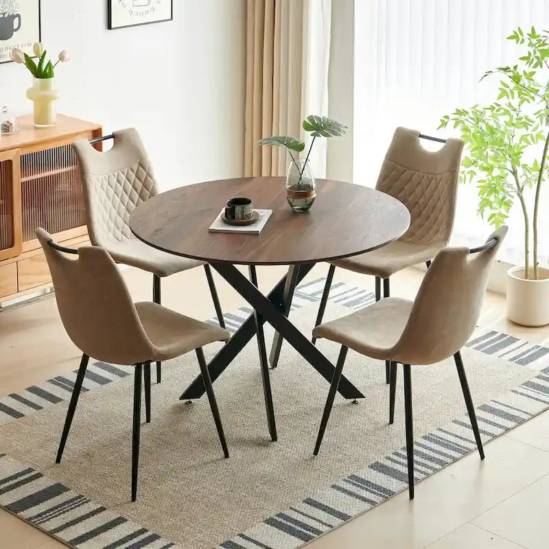 Ensemble de salle à manger moderne 5 pièces avec table ronde et 4 chaises quadrillées