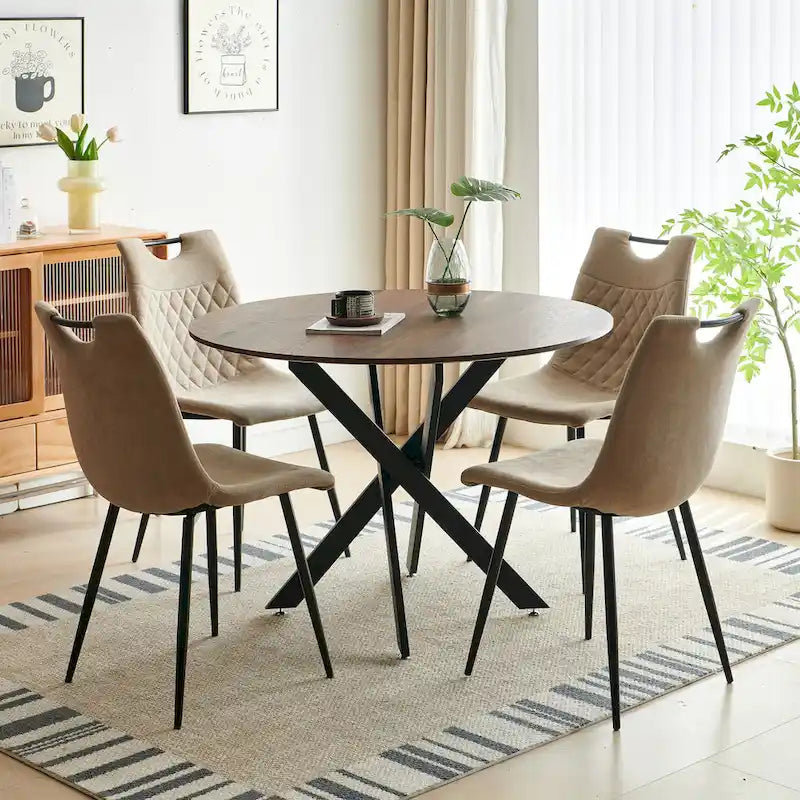 Ensemble de salle à manger moderne 5 pièces avec table ronde et 4 chaises quadrillées