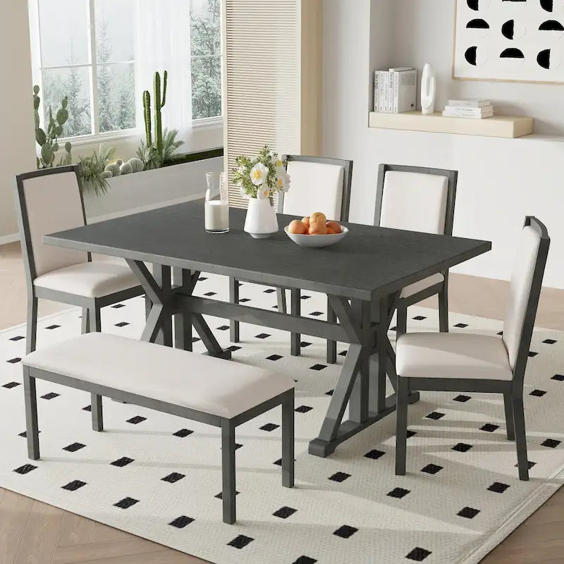Ensemble de salle à manger 6 pièces de style Ferme avec 4 chaises de salle à manger rembourrées et un banc