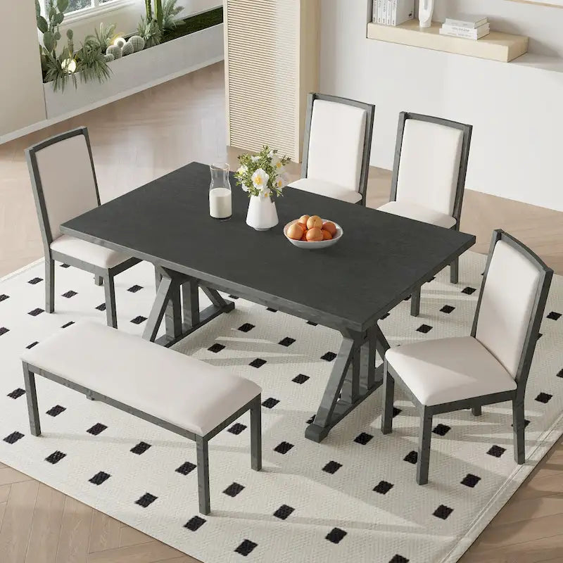 Ensemble de salle à manger 6 pièces de style Ferme avec 4 chaises de salle à manger rembourrées et un banc