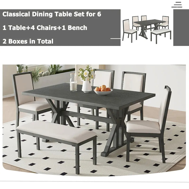 Ensemble de salle à manger 6 pièces de style Ferme avec 4 chaises de salle à manger rembourrées et un banc