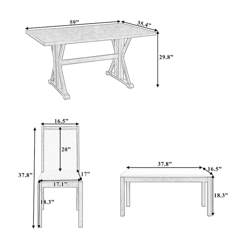 Ensemble de salle à manger 6 pièces de style Ferme avec 4 chaises de salle à manger rembourrées et un banc