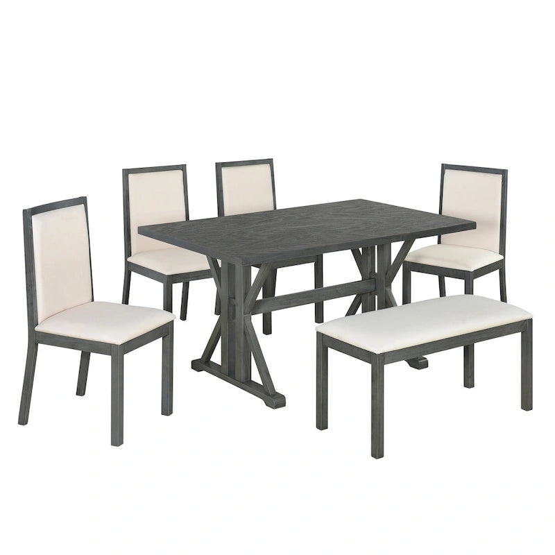 Ensemble de salle à manger 6 pièces de style Ferme avec 4 chaises de salle à manger rembourrées et un banc