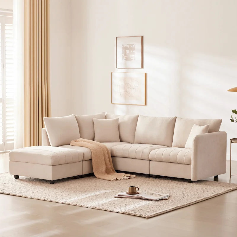 Canapé modulaire sectionnel en polyester 89 avec assise profonde et pouf ottoman