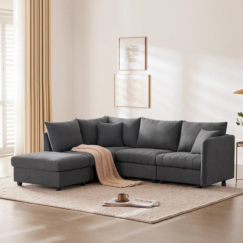 Canapé modulaire sectionnel en polyester 89 avec assise profonde et pouf ottoman