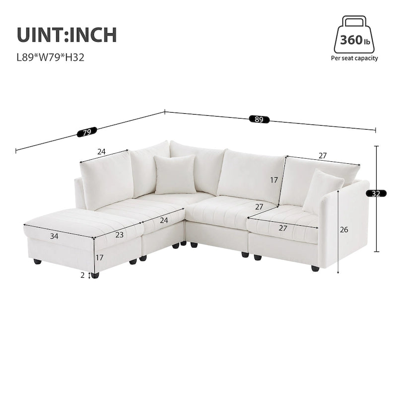 Canapé modulaire sectionnel en polyester 89 avec assise profonde et pouf ottoman