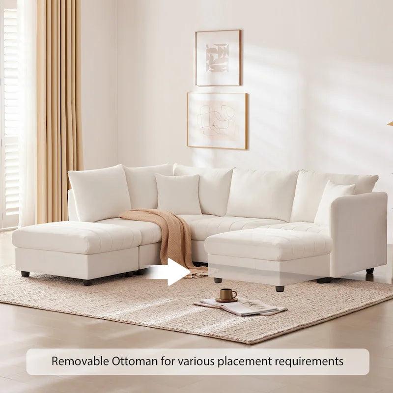 Canapé modulaire sectionnel en polyester 89 avec assise profonde et pouf ottoman