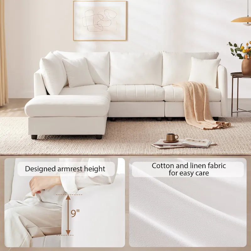 Canapé modulaire sectionnel en polyester 89 avec assise profonde et pouf ottoman