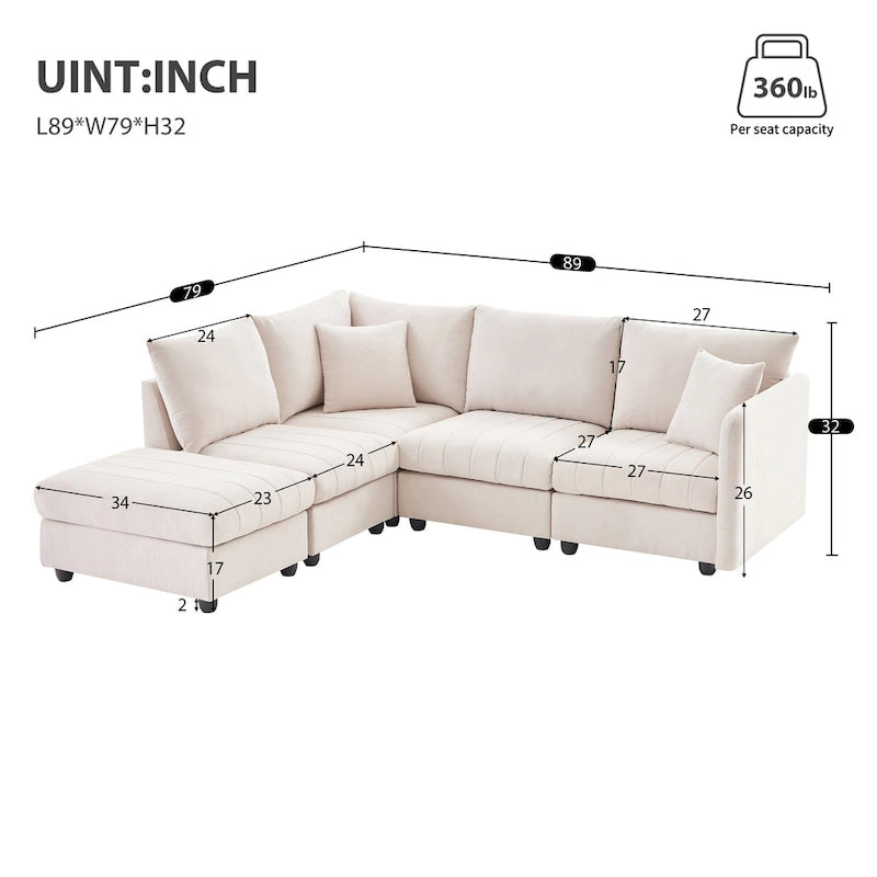 Canapé modulaire sectionnel en polyester 89 avec assise profonde et pouf ottoman