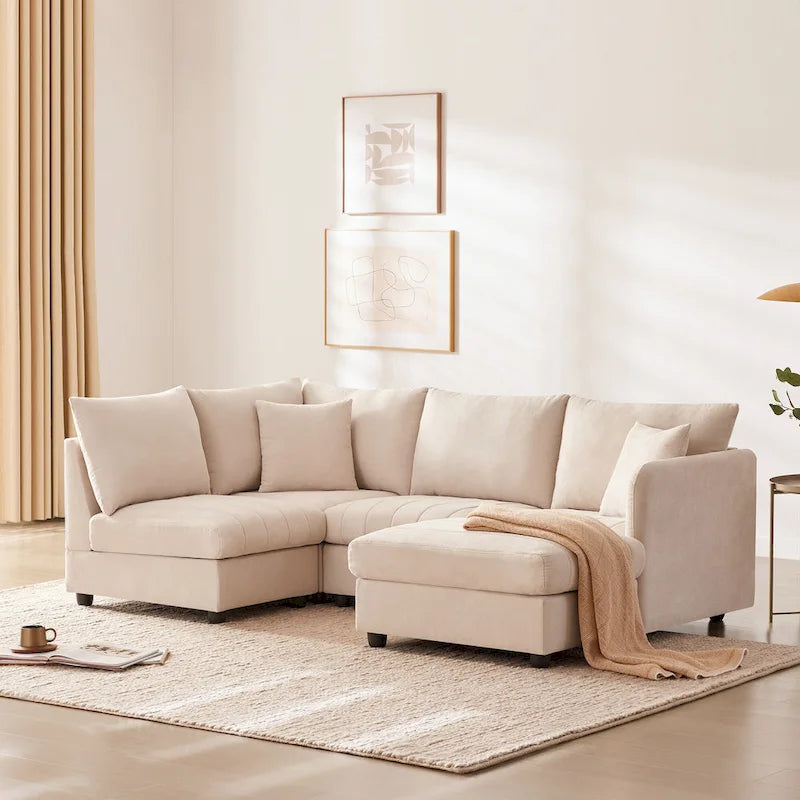 Canapé modulaire sectionnel en polyester 89 avec assise profonde et pouf ottoman