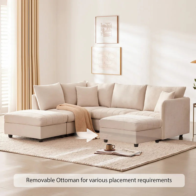 Canapé modulaire sectionnel en polyester 89 avec assise profonde et pouf ottoman