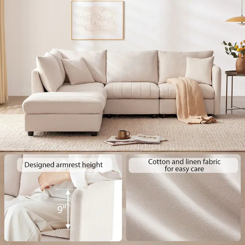 Canapé modulaire sectionnel en polyester 89 avec assise profonde et pouf ottoman
