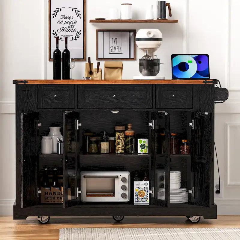 Îlot de cuisine sur roulettes verrouillables avec abattant, îlot mobile avec 2 portes en verre trempé, prise de courant et 5 étagères ouvertes