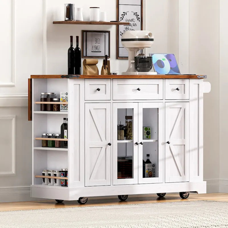 Îlot de cuisine sur roulettes verrouillables avec abattant, îlot mobile avec 2 portes en verre trempé, prise de courant et 5 étagères ouvertes