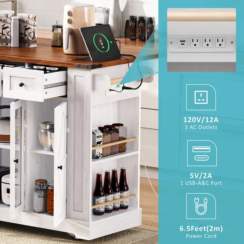 Îlot de cuisine sur roulettes verrouillables avec abattant, îlot mobile avec 2 portes en verre trempé, prise de courant et 5 étagères ouvertes
