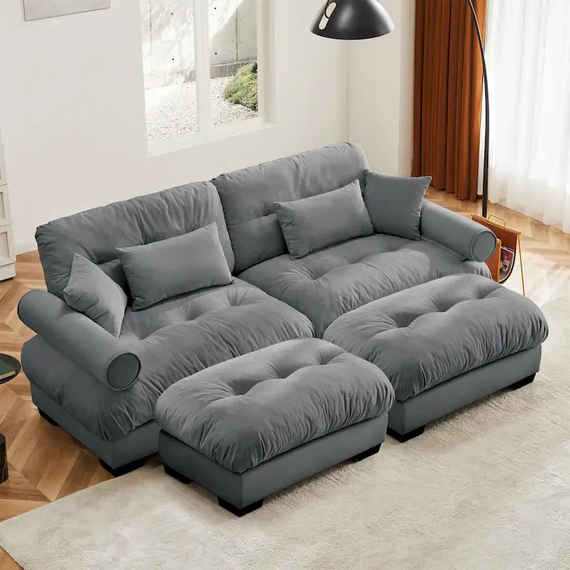 Canapé modulaire en velours avec 2 poufs et canapé 2 places