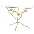 Console en métal avec plateau en verre et branches florales – Or – Roche River Decor