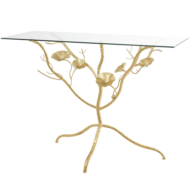 Console en métal avec plateau en verre et branches florales – Or – Roche River Decor