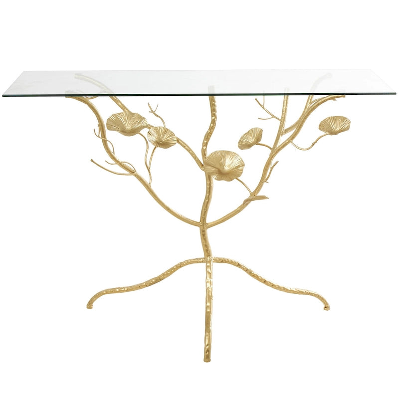 Console en métal avec plateau en verre et branches florales – Or – Roche River Decor