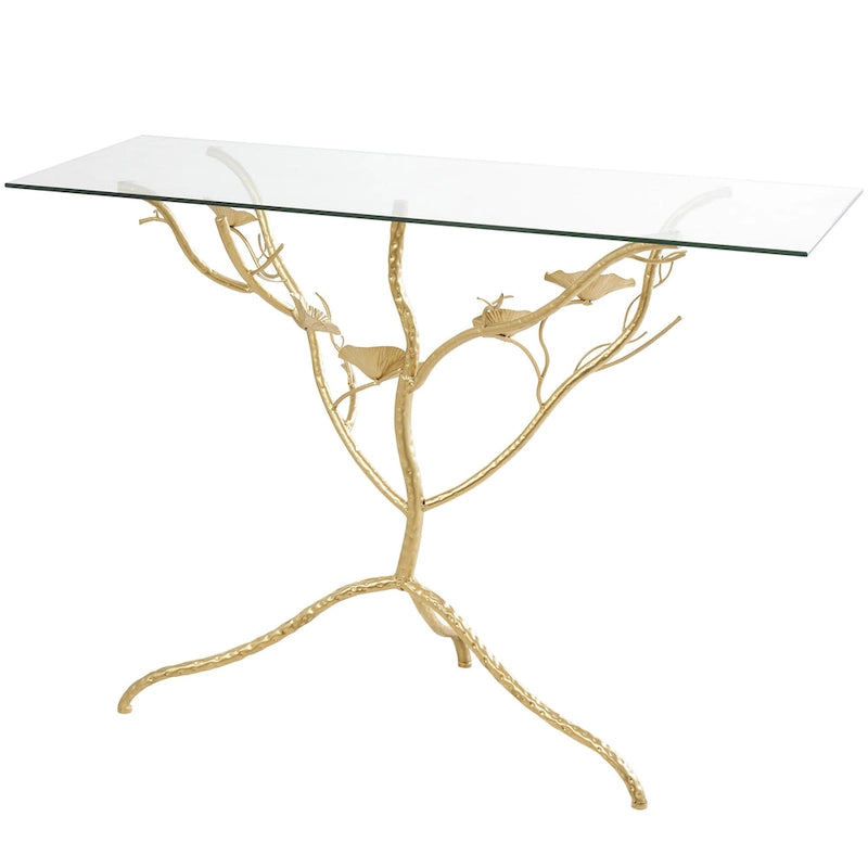 Console en métal avec plateau en verre et branches florales – Or – Roche River Decor