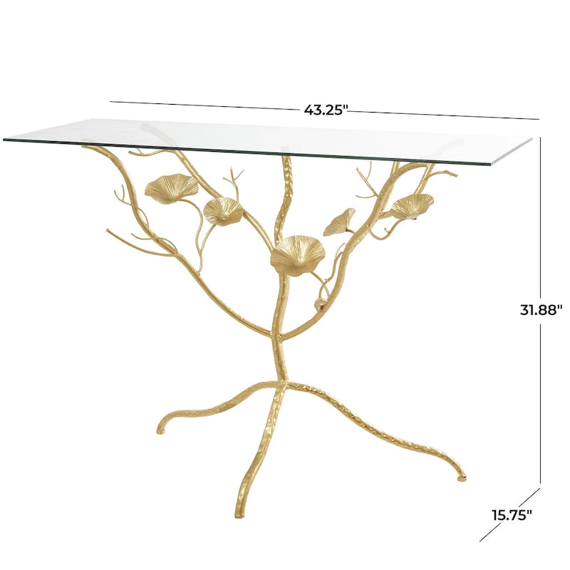 Console en métal avec plateau en verre et branches florales – Or – Roche River Decor