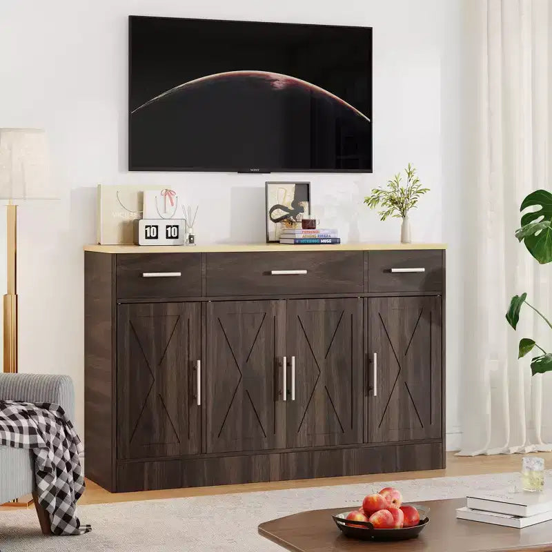 Buffet de cuisine Celebalcony avec rangement, grand buffet de cuisine de 135,6 cm avec 3 tiroirs et 4 portes, étagère réglable pour cuisine, salon