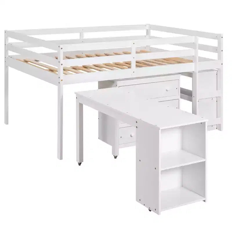Lit bas mezzanine pleine grandeur avec bureau roulant, 3 tiroirs et étagères
