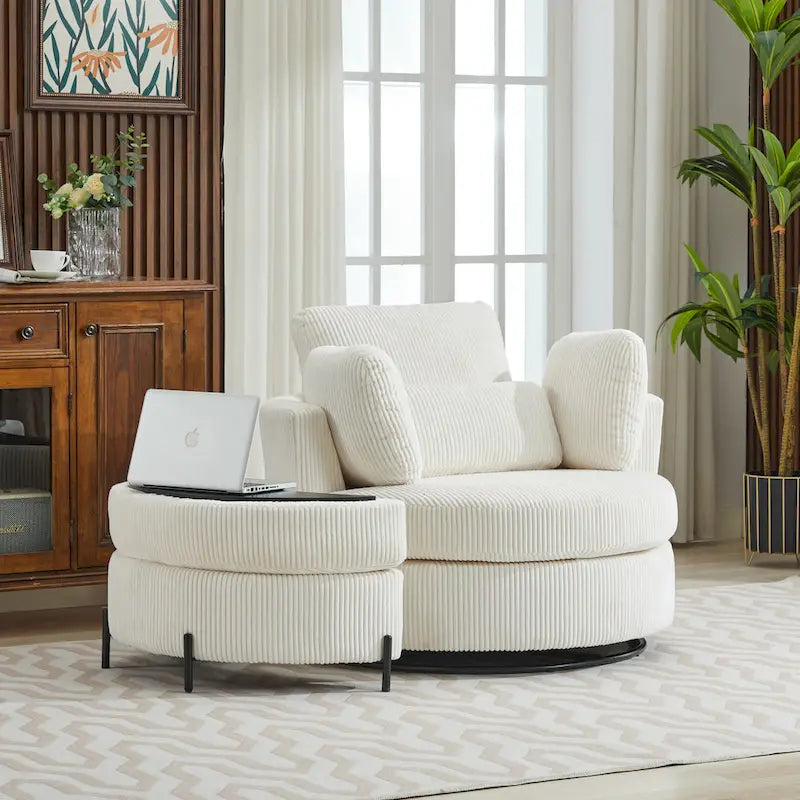 Fauteuil d'appoint pivotant rembourré 42,3 W avec 4 oreillers et pouf de rangement demi-lune